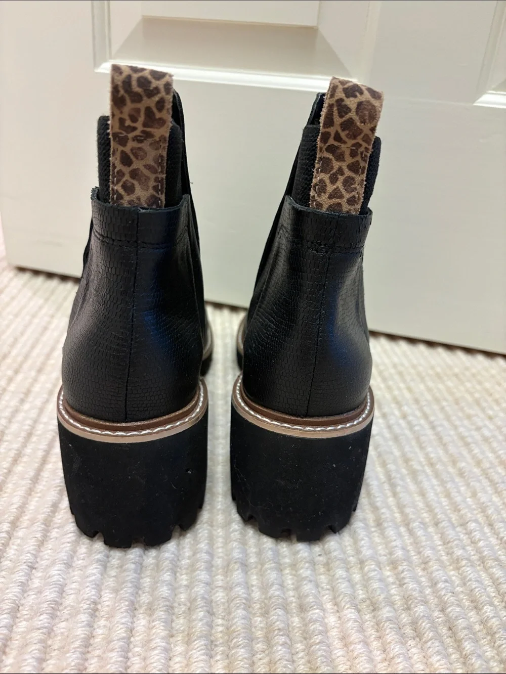 Dolce Vita Black Leather Chelsea Booties with Leopard Pull Tab
